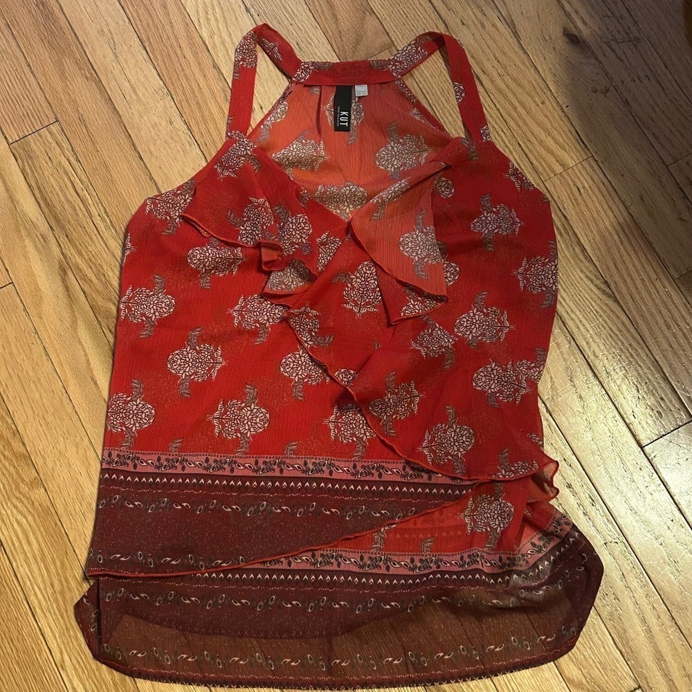 KUT From The KLOTH Boho Print Sheer Sleeveless Blouse/Tank Ruffle Sz S T29-11